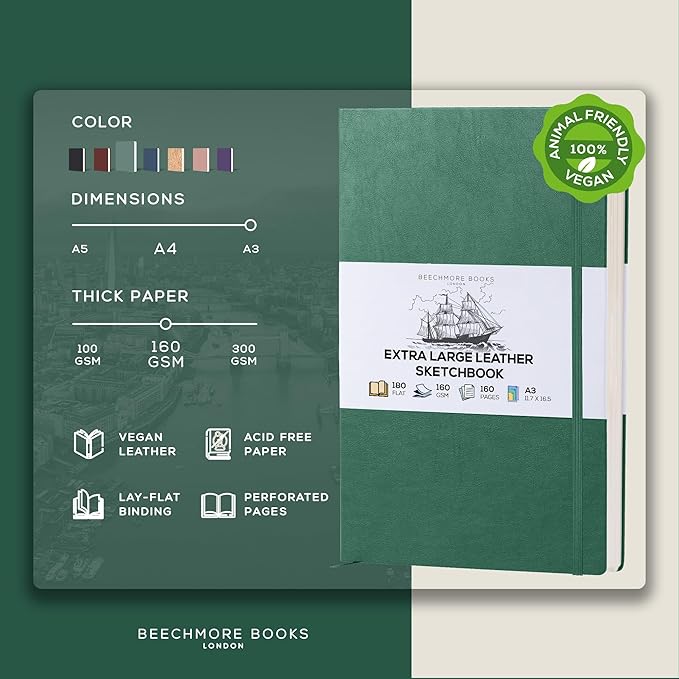 Beechmore Books A3 Mixed Media Sketchbook - 11.7x16.5 Extra Large Professional Studio Drawing Pad, 160 GSM / 98 lb Perforated Ivory Paper, Hardcover Lay-Flat Design, Gift Box for Artists & Watercolor