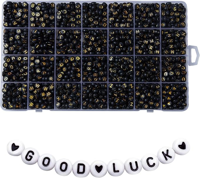 1400pcs letter beads, 4x7 mm acrylic alphabet beads, beads for jewelry and bracelet making, in 28 grid box (black and gold)