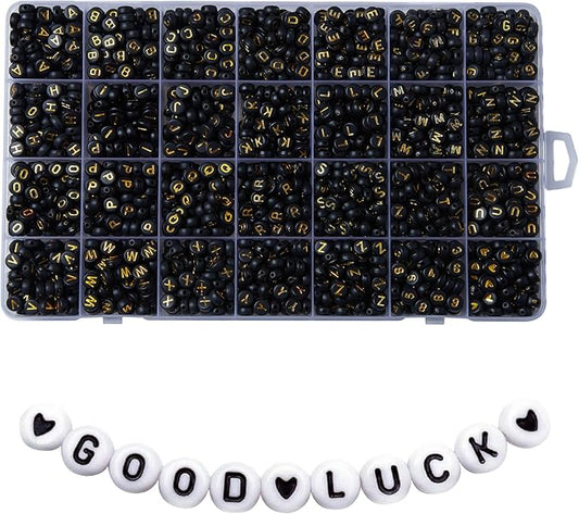 1400pcs letter beads, 4x7 mm acrylic alphabet beads, beads for jewelry and bracelet making, in 28 grid box (black and gold)