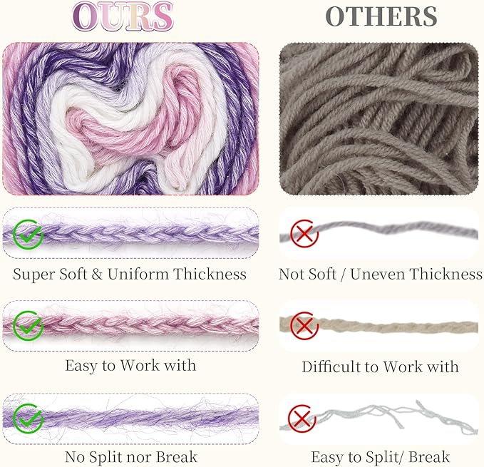 Aeelike Gradient Yarn for Crocheting, 3 Skeins Cake Yarns 100g (3.52 oz) 245m (267 Yards) # 3 Light Weight - Super Soft Ombré Fairyland Yarns for Making Colorful Crafts, Purple Gradient