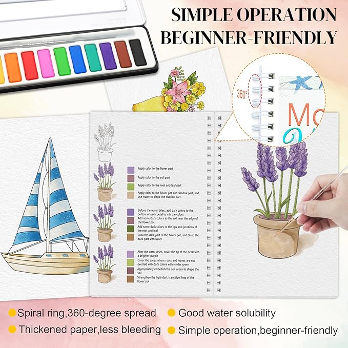 APOLYONE 2-Pack Beginner Watercolor Workbooks: 24 Coloring Pages + 12 Watercolor Paints + Brush – 300gsm/140lb Paper – Gift for Women, Adults & Beginners (Bouquet & Seaside)