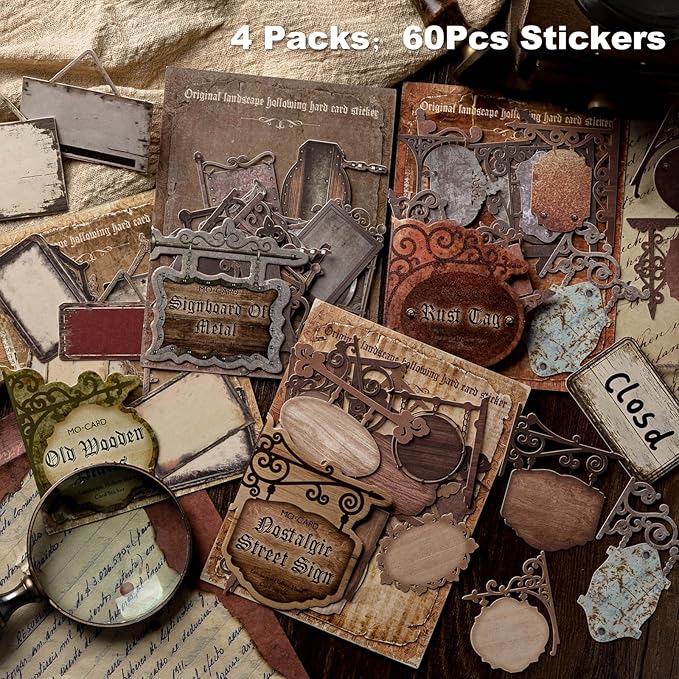 Vintage Cut-Out Signboard Sticker Set, 60PCS Retro Ephemera for Scrapbooking, Journaling, DIY Crafts, and Decorative Art