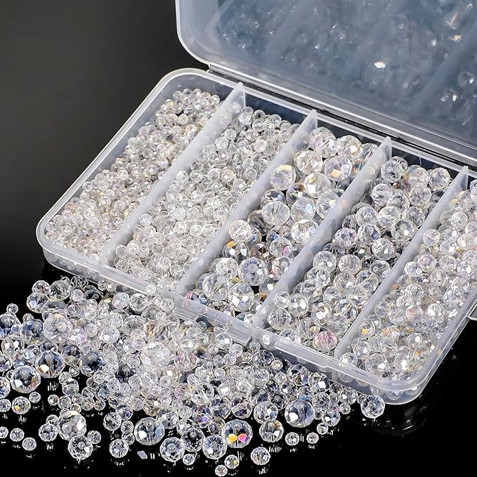 Song Xi 1250PCS AB White Crystal Beads for Jewelry Making, Rondelle Glass Beads for Bracelets Necklace, Earring, Pendants and Making Supplies, Bulk, Arts and Crafts, Sparkling (3/4/6/8/10mm)