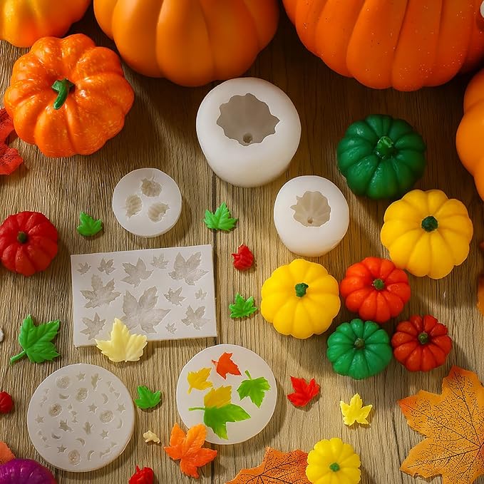 Janinka 108 Pcs Christmas 3D Pumpkin Silicone Candle Molds Gift Set DIY Craft Resin Pumpkin Molds Making Kit with Maple for Xmas Craft Making Fondant Soap Candy Clay Tools Home Decor