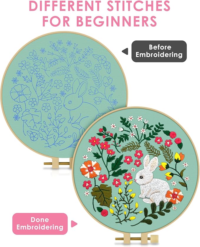 TINDTOP Embroidery Kit for Beginners Adult, Rabbit Embroidery Kit for Beginners Include Embroidery Cloth Hoops Threads for Craft Lover Hand Stitch with Embroidery Skill Techniques