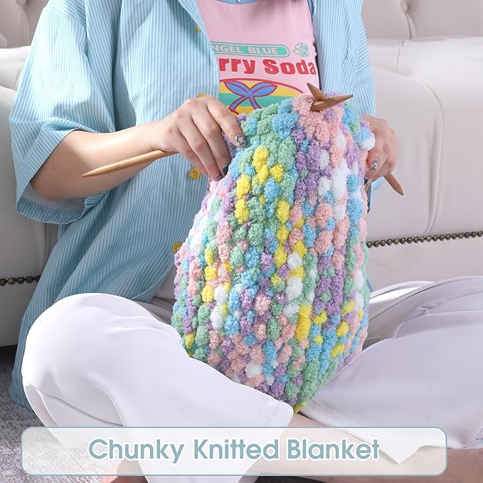 HOMBYS Chunky Tie Dye Mix Chenille Yarn for Hand Knitting, Super Bulky Jumbo Yarn for Crocheting, 3/4" Thick Soft Plush Yarn for Blankets, 8 Skein Pack (26 yds / 7.5 oz Each) Rainbow