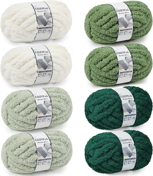 Chunky Yarn for Hand Knitting - #10 Chunky Chenille Yarn, Jumbo Big Thick Chunky Yarns for Crocheting, Super Bulky Chunky Knit Blanket Yarns, 8 Skein (25yd, 8oz/Skein), Cream & Multi Green