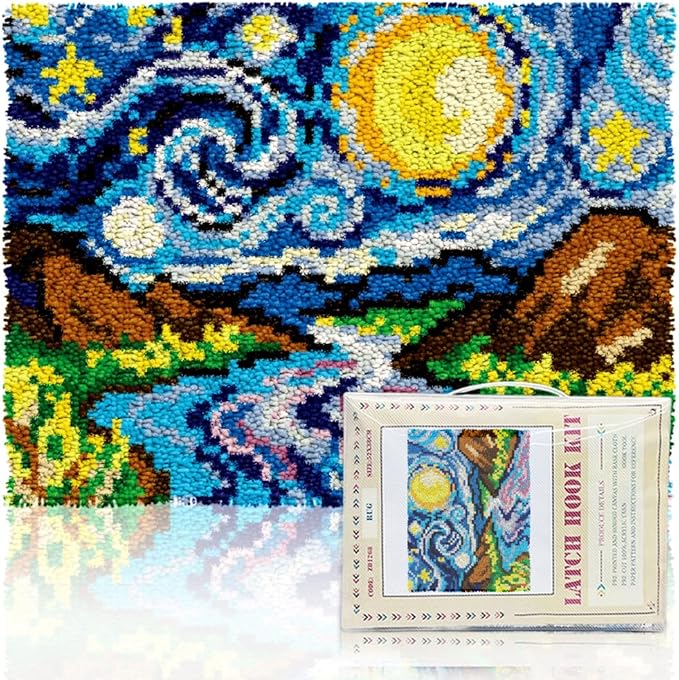 ORIGACH Starry Night Sky Latch Hook Rug Kit for Adults Printed Rug Making Kit Handmade Carpet Tapestry Cover with Hook Latch and Preprinted Canvas, Home Arts Crafts Sofa Decor, 20.5x15inch