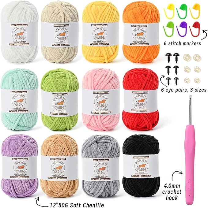 12 Pack Fluffy Velvet Yarn for Crocheting, Chunky Chenille Baby Yarn for Crocheting Soft Blanket, 787 yds Amigurumi Yarns for Knitting, Bulky Multicolored Crochet Yarns Set A