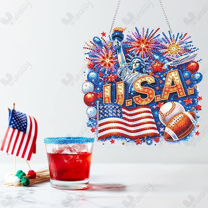 Yunzlly DIY Hanging Diamond Art Pendant Kit July 4th, Special Crystal Double Sided Diamonds Painting Ornament Kit for Adults, Acrylic Gem Painting Board for Window&Door&Wall (USA)