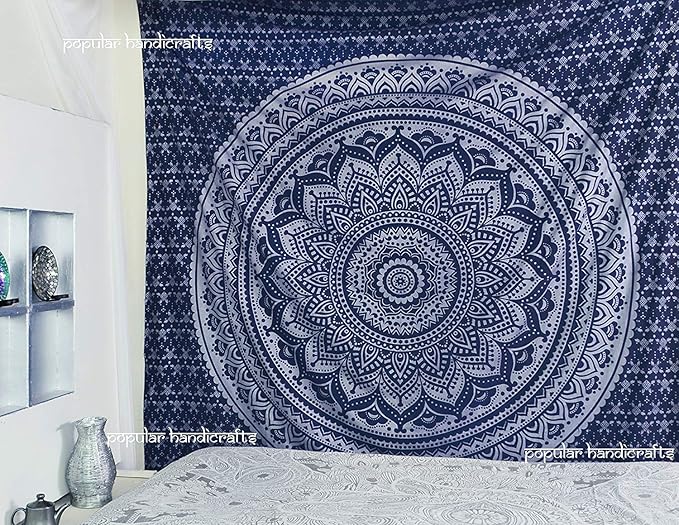 popular handicrafts tapestry wall hanging hippie ombre mandala bohemian hippy intricate indian tapestries bedspread 90 x 108 inches (230cm x 270cm) blue silver