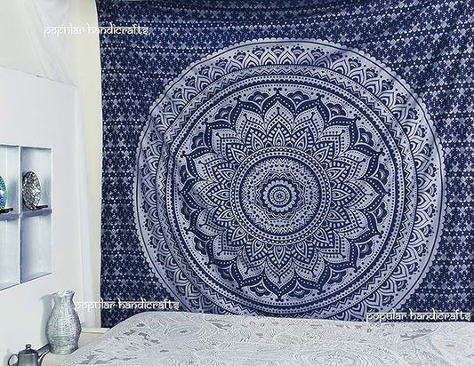 popular handicrafts tapestry wall hanging hippie ombre mandala bohemian hippy intricate indian tapestries bedspread 90 x 108 inches (230cm x 270cm) blue silver