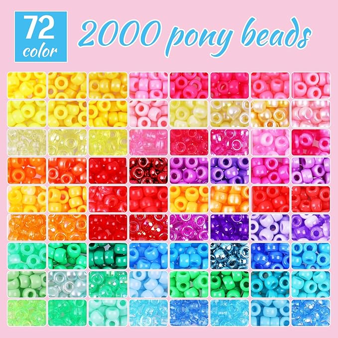 Pubiseed 3000pcs 72 Colors Pony Beads for Bracelet Making Kit, 2000pcs Kandi Bead and 700pcs A-Z Square Letter for Friendship Bracelet Kit, 200 pcs Plastic Bead for Adults Jewelry Making Crafts