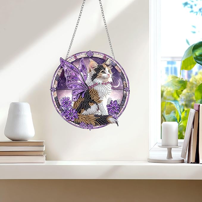 Wergund 5D Cat Diamond Art Hanging Kits, Hanging Diamond Art Animal, Acrylic Special Shaped Rhinestone, Window Hanging Pendants for Home Wall Garden Front Door Outdoor Decor Gift(Cat)