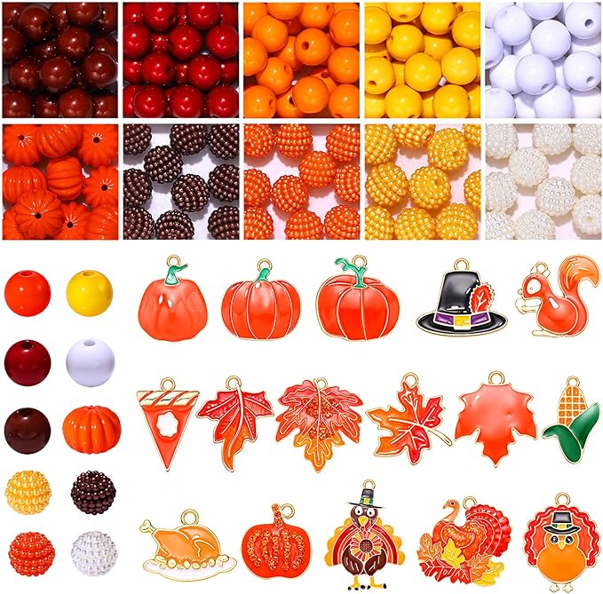 XOCARTIGE 166PCS Fall Beads Charms for Jewelry Making, Assorted Autumn Loose Beads Enamel Maple Leaf Pumpkin Turkey Pendant Charms for Bracelet Necklace Earrings Making Kit DIY Crafts