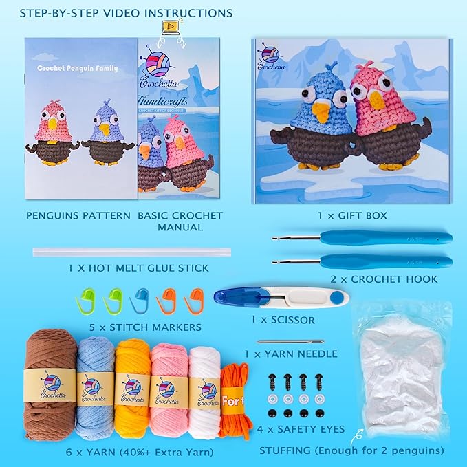 Crochetta Crochet Kit for Beginners, Crochet Kit w Step-by-Step Video Tutorials, Crochet Starter Kit Learn to Crochet Kits for Adults Kids Beginners, Jumbo 2 Penguins Familly (40%+ Yarn Content)