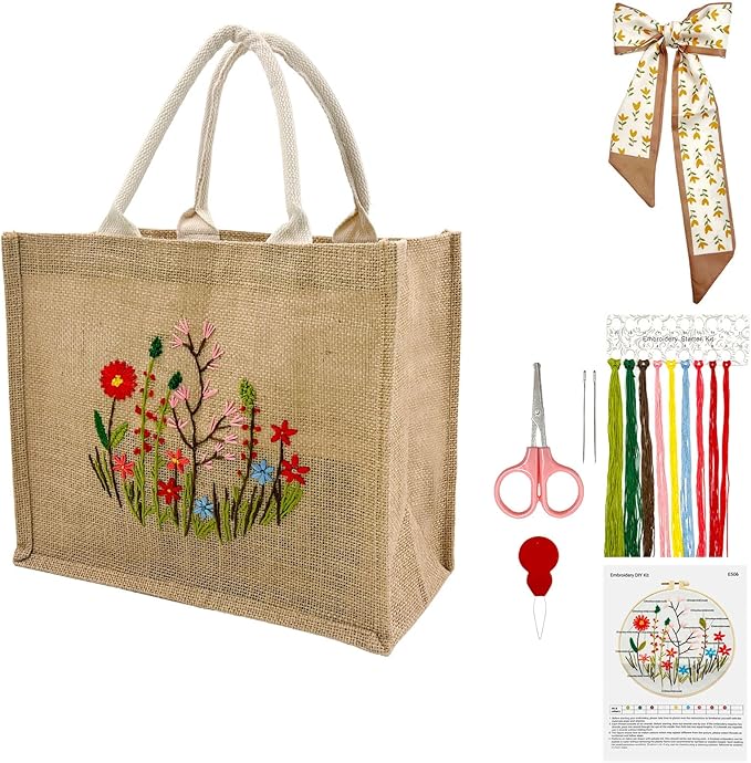 SNAIL GARDEN Linen Tote Bag DIY Embroidery Kit for Beginners with Scarf, Printed Cross Stitch Craft Kit with Thread, Needle & Guide – Reusable Grocery Bag for Women