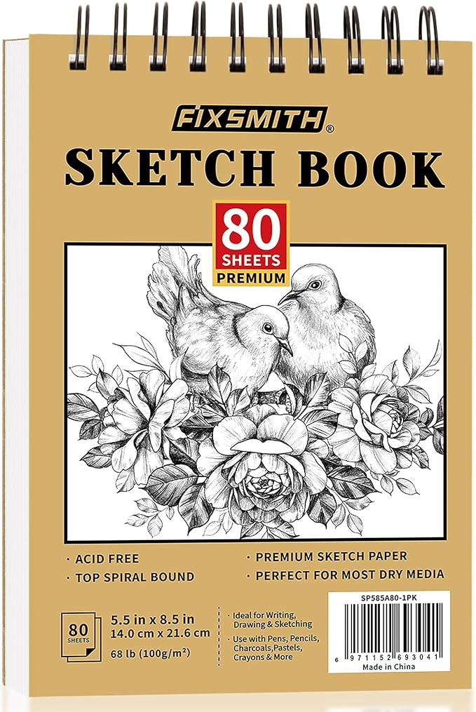 fixsmith 5.5"x8.5" sketch book | 80 sheets (68 lb/100gsm) sketchbook | top spiral bound artist sketch pad | acid free drawing pad | ideal for kids, beginners, artists & painters | bright white