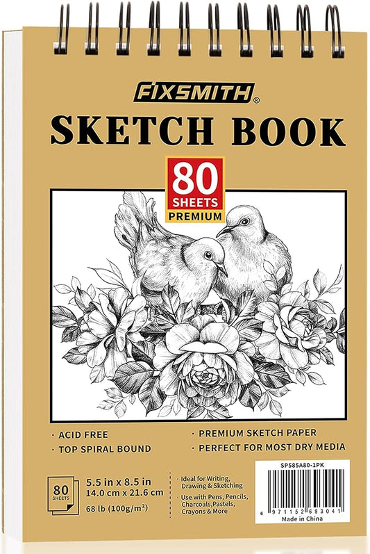 fixsmith 5.5"x8.5" sketch book | 80 sheets (68 lb/100gsm) sketchbook | top spiral bound artist sketch pad | acid free drawing pad | ideal for kids, beginners, artists & painters | bright white