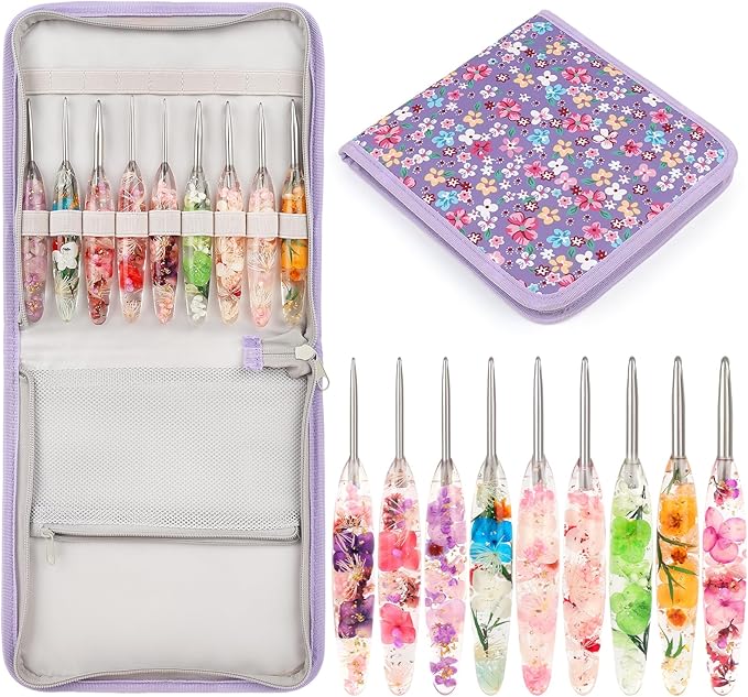 Coopay Crochet Hook Set, 9 PCS Crochet Hooks with Case (2.5mm-6.5mm), Floral Resin Grips - Beautiful & Ergonomic, Great for Crocheting Blankets, Dolls, Shawls, Hats, Scarves (C-K)