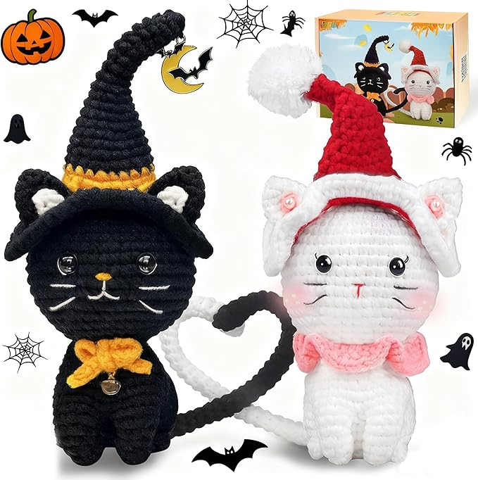 Valentine's Day Crochet Kit for Beginners, 2PCS Cat Crochet Kits with Step-by-Step Video Tutorials,Crochet Starter Kit,DIY Crochet Animal Kits for Adults, Complete Kit Included