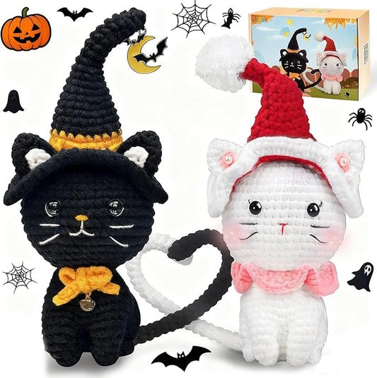 Valentine's Day Crochet Kit for Beginners, 2PCS Cat Crochet Kits with Step-by-Step Video Tutorials,Crochet Starter Kit,DIY Crochet Animal Kits for Adults, Complete Kit Included