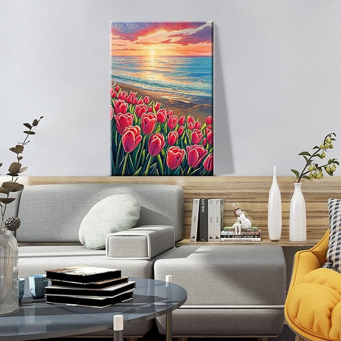 ATDMS Paint by Numbers Kit for Adults with Frame, Flowers Paint by Number with Easel,DIY Seaside Sunset Adult Paint by Number Kits Canvas Oil Painting Kit for Home Wall Decor 8 x 12 Inch