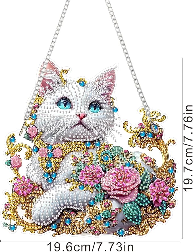 SENQAO Cat Hanging Diamond Art Painting Kits for Adults Beginners, 5D Special Shape Diamond Art Kits, Cat Flower Crystal Rhinestones Diamond Gem Art Painting for Home Garden Wall Decor