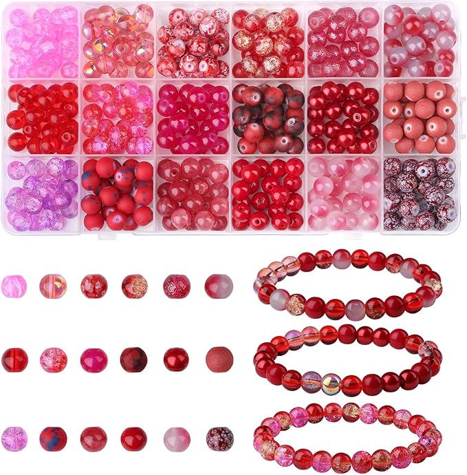 DUQGUHO 8mm Red Beads for Jewelry Making Red Glass Beads for Bracelets Crystal Glass Round Beads Bulk Bead Bracelet Kit 360PCS