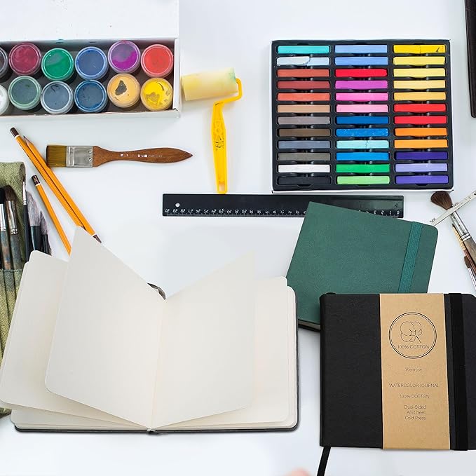 Vienrose Watercolor Sketchbook, 5.5"x5.5" Watercolor Journal with 24 Sheets 48 Pages 140 LB (300 GSM) Cotton Watercolor Paper, Grey Leather Cover Water Coloring Sketch Book As Travel Notebook