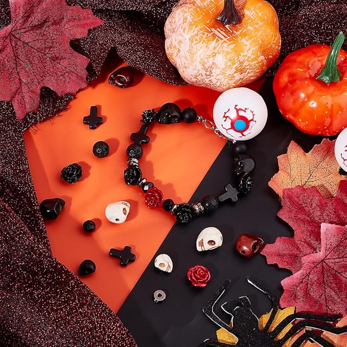 arricraft 203 Pcs Halloween Skull Gemstone Beads Kits, Natural Lava Rock Synthetic Turquoise Cross Bead Flower Rose Bead Tibetan Style Beads for Jewelry Making Bracelets Necklaces DIY Crafts