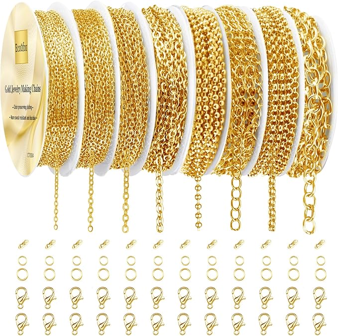 ecoofor gold necklace chains for jewelry making, 62.3 feet 8 rolls jewelry chains for diy necklace bracelet jewelry making with jump rings/lobster clasps/connectors