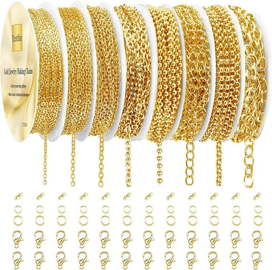 ecoofor gold necklace chains for jewelry making, 62.3 feet 8 rolls jewelry chains for diy necklace bracelet jewelry making with jump rings/lobster clasps/connectors