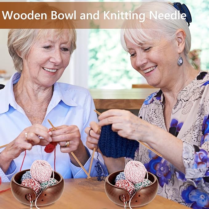 Patelai 7 x 7 x 3 Inch Wooden Yarn Bowls for Crocheting Round Knitting Wool Storage Yarn Bowl Handmade with Holes 12 Pieces Crochet Hooks for Knitting DIY Crafts Tools(Dark Brown)