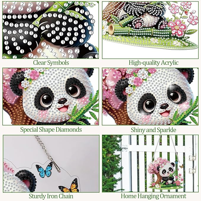 CEOVR Panda Diamond Painting Pendant, Animal Hanging Diamond Art for Adults, DIY Gem Art Wall Hanging Ornament, Acrylic Home Garden Decor with Chain, Box Kit 7.79×6.9inch
