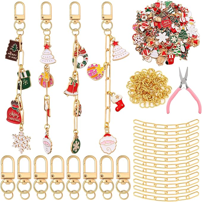 Tondiamo 266 Pieces Christmas DIY Gold Keychain Making Kit Bat Christmas Tree Santa Charm Jewelry Making Snowflakes Stocking Ornaments Bulk for Key Ring Art Adults Women Bag Gift