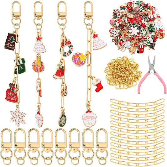 Tondiamo 266 Pieces Christmas DIY Gold Keychain Making Kit Bat Christmas Tree Santa Charm Jewelry Making Snowflakes Stocking Ornaments Bulk for Key Ring Art Adults Women Bag Gift