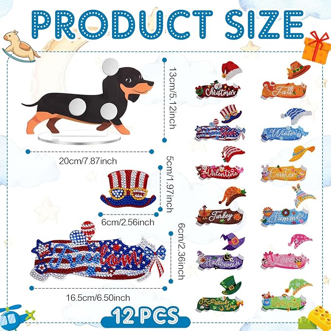 Menkxi 24 Pcs Dachshund Diamond Art Magnets Kit, Interchangeable Weenie Dog DIY Craft for Easter, Seasonal Home Table Decor Gifts