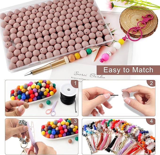 150Pcs 15mm Silicone Beads for Keychain Making Bracelet Necklace, Bulk Round Silicone Beads for Pens(Rose Brown)