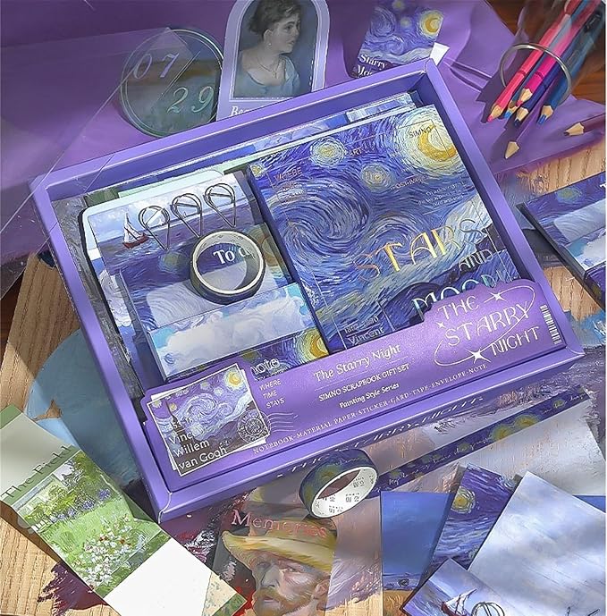 LCLAIDYDY Scrapbooking Supplies Kit,Vintage Van Gogh Oil Painting Aesthetic Scrapbook Kit,Bullet Junk Journal,A6 Grid Notebook,Journaling DIY Craft Gift for Teen Girl Women