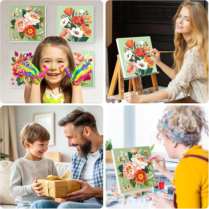 Lxmsja 4 Pack Colorful Peony Quartet Paint by Numbers Kit for Adults, Easy Framed Paint by Numbers for Adults Beginner, DIY Acrylic Oil Painting Craft Kits for Home Wall Decor 8x8 inch