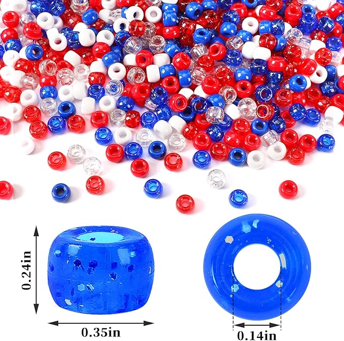 UPINS 1200Pcs Red White Blue Pony Beads, 1200Pcs Independent Day Patriotic Beads 4th of July Pony Beads for Jewelry Making Crafts DIY Necklace Bracelets Hair Beads