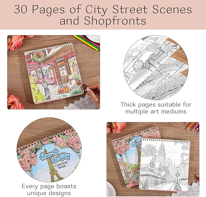 Coloring Book for Adult, 30 Pages Hues of The City, Color Urban Street Scenes, Architecture Building Stores, Fun Coloring Activities for Women Teen, Painting Pages for Relax Stress Relief