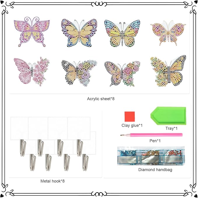 antor 8 Pack Butterfly Diamond Art Hooks, DIY Crystal Rhinestone Diamond Painting Wall Hangers Kit for Adults, Traceless Adhesive Hooks for Keys, Towels, Bags, Kitchen & Room Decor