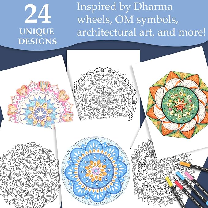 Mandala Coloring Book for Adults Relaxation, 24 Patterns Adult Coloring Books for Women Stress Relief, Inspirational Gift for Women & Men, Spiral Bound Mindfulness Coloring Book, Single-Sided Print