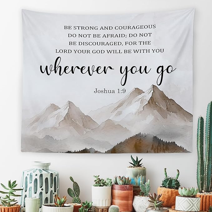 MNASAIOO Christian Mountian Lord Wall Tapestry Hanging for Bedroom, Bible Verse Scripture Joshua 1:9 Tapestries, Watercolor Religious Wall Decor Banner for Living Room Prayer Room Church 50x60in