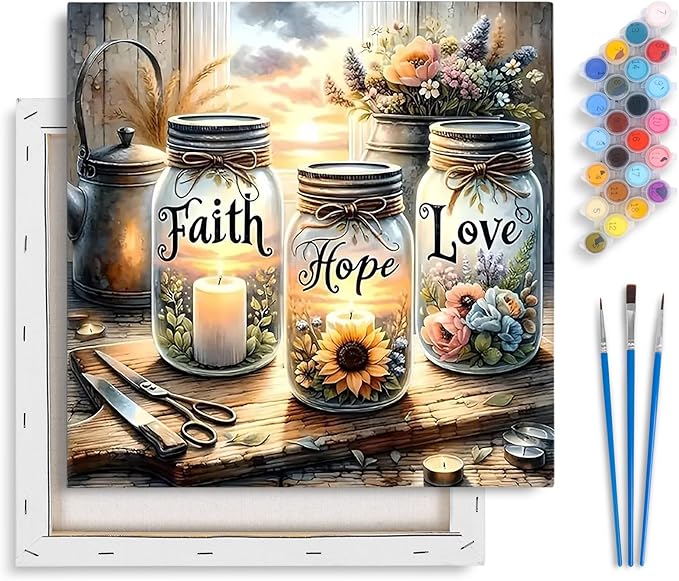 Framed Paint by Numbers Kit for Adults Beginner & Kids Ages 8-12, Faith, Hope, Love Wishing Bottle Paint by Numbers Without Easel, DIY Number Painting for Adults for Home Wall Decor Gift 10x10 inch