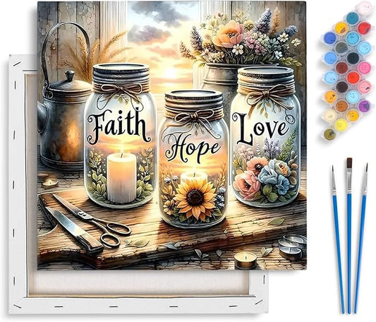 Framed Paint by Numbers Kit for Adults Beginner & Kids Ages 8-12, Faith, Hope, Love Wishing Bottle Paint by Numbers Without Easel, DIY Number Painting for Adults for Home Wall Decor Gift 10x10 inch