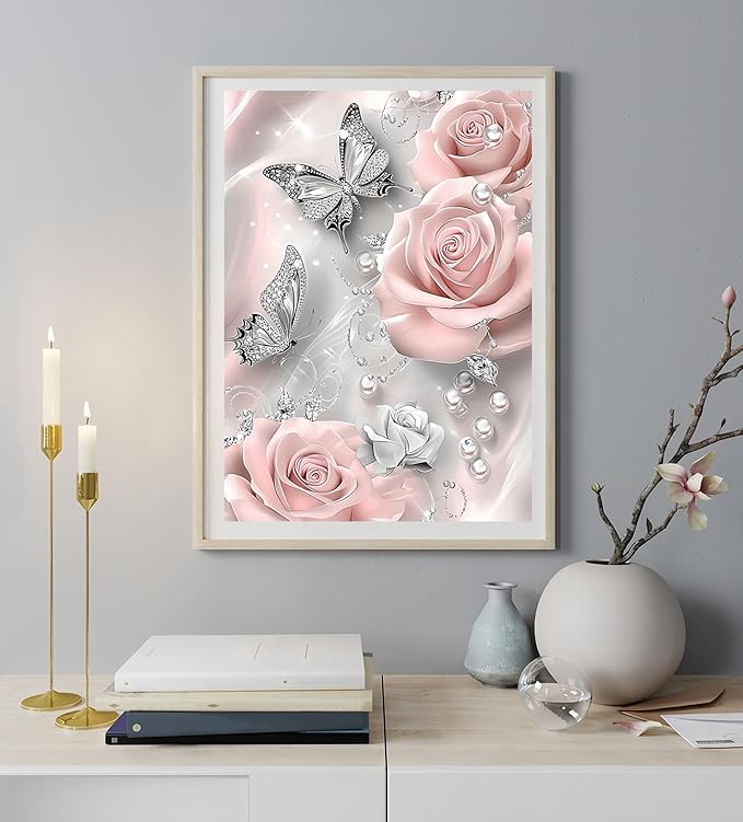 BYGFHLYW 5D Diamond Painting Kits for Adults, Butterfly Rose Flower Diamond Art Kits for Adults Beginner, DIY Full Drill Diamond Dot Gem Painting for Home Wall Decor 12x16inch