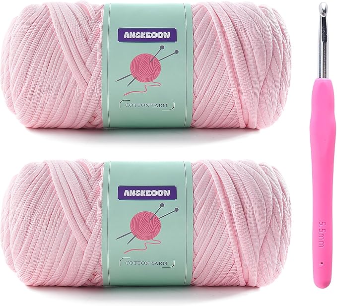 Trapillo Soft T-Shirt Yarn for Crochet - 2 Skeins, 7oz Each, 65yd (Cherry Blossom Powder) with 1 Crochet Hook